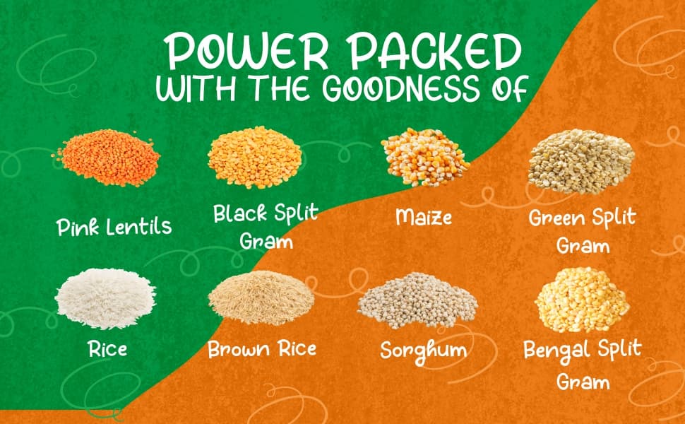 Power Packed with the goodness of Pink Lentils, Black Split Gram, Maize, Green Split Gram, Rice, Brown Rice, Sorghum, Bengal Split Gram