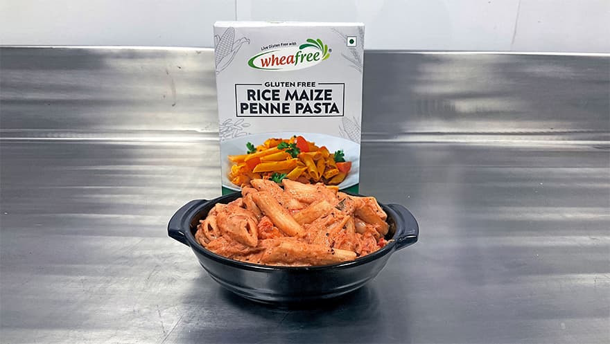 pink penne pasta, gluten free, rice maize penne pasta