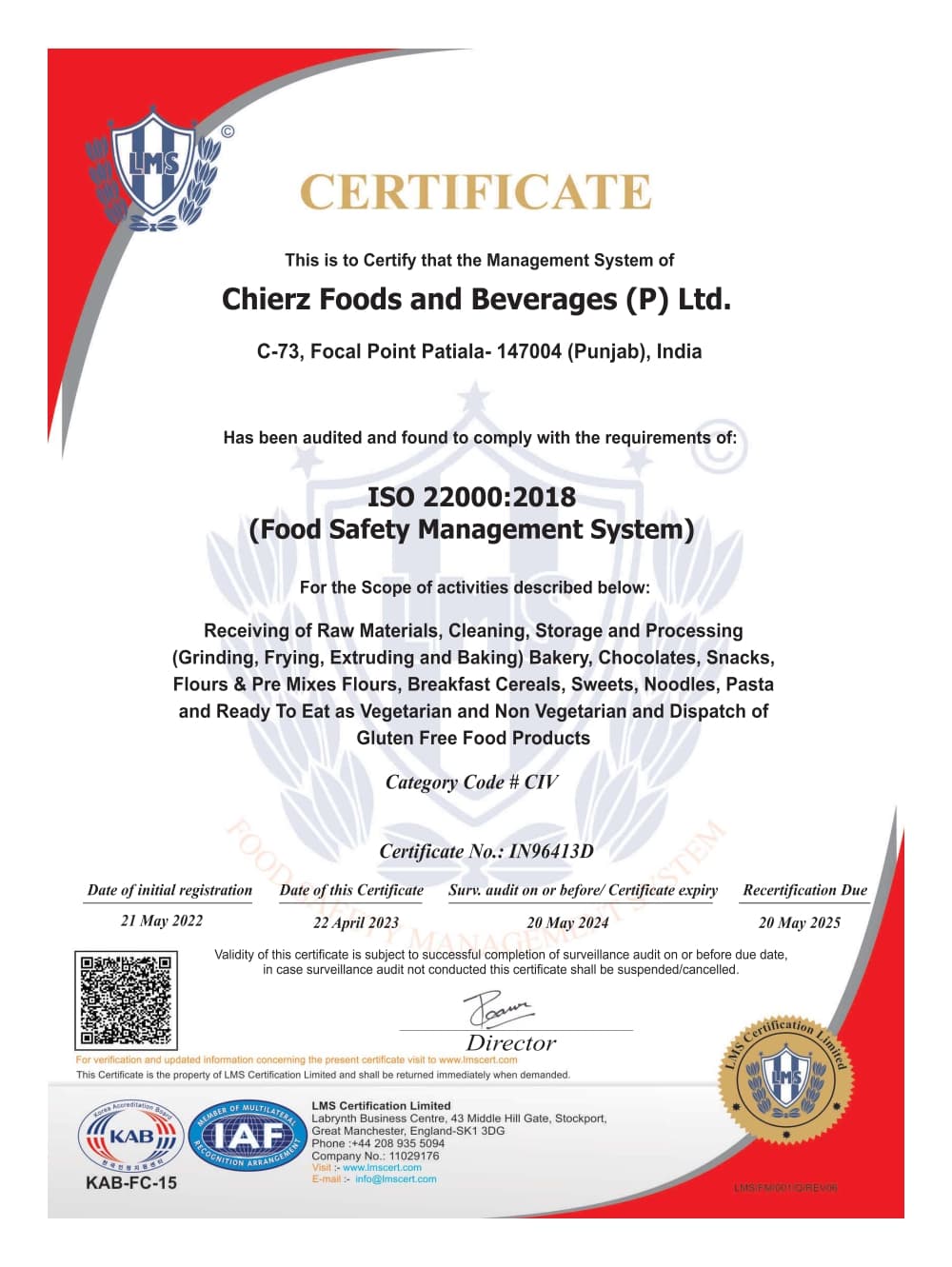 ISO 22000:2018 Certificate